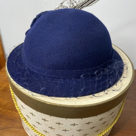 Vintage NOS Adolfo II NY Paris Hat Wool Blue  Felt Feather Netting Church New main image 13